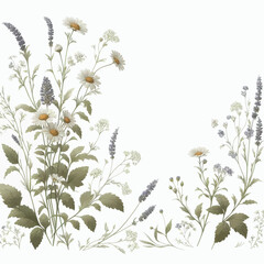 elegant border design showcasing dainty wildflowers, like daisies and lavender, with gently curling stems and small leaves vector
