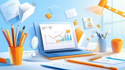 Fototapeta premium Creative Workspace with Laptop, Pencils and Papers.