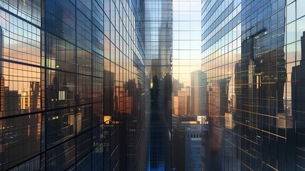 Fototapeta premium Modern Reflective Skyscrapers Business Office Building, Symbolizing Corporate Success, Innovation, and Urban Architecture