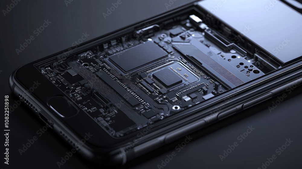 Poster close-up view of a smartphone's internal circuitry and components.