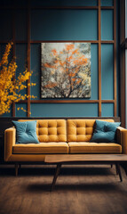 Obraz premium Modern living room interior with yellow sofa wooden coffee table and blue pillows