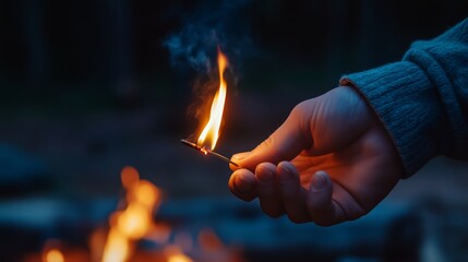 A hand holds a lit match in front of a campfire at night