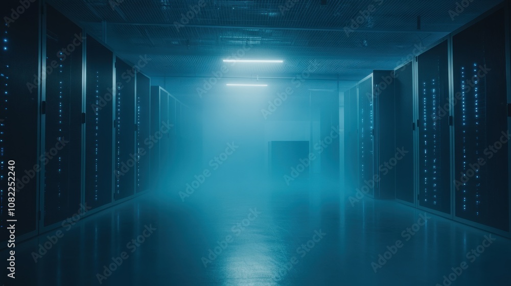 Poster a dimly lit data center corridor with fog and server racks.
