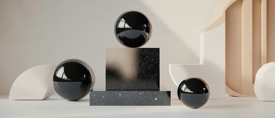 Minimalist black spheres on geometric podium, abstract art.