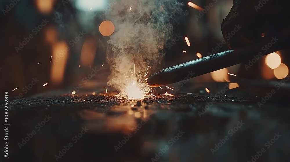Poster close-up of a welding process generating sparks and smoke in an industrial setting highlighting the 