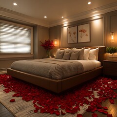 Dreamy romantic bedroom with rose petals and glowing cozy lighting scene picture