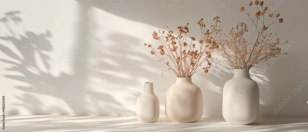 Poster minimalist vases with dried flowers in sunlight create calm vibes.