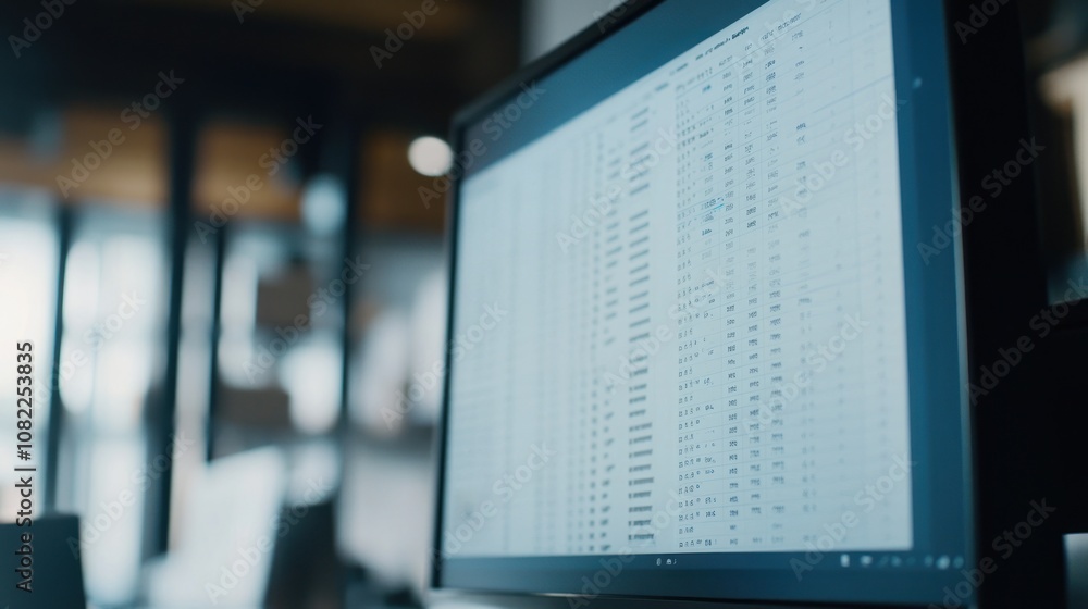 Poster a close-up of a computer monitor displaying a data spreadsheet in an office setting.