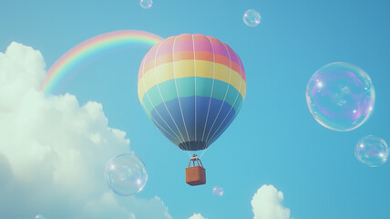 Fototapeta premium 空を飛ぶカラフルな気球と虹