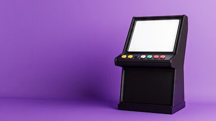 A nostalgic black arcade cabinet with an empty screen stands against a vibrant purple background, inviting retro gaming dreams