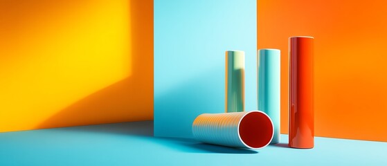 Colorful geometric shapes on vibrant backgrounds, modern design.