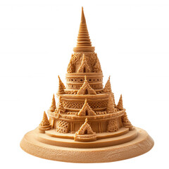 Intricate sandcastle resembling a majestic temple with detailed architecture., isolated on a transparent background.
