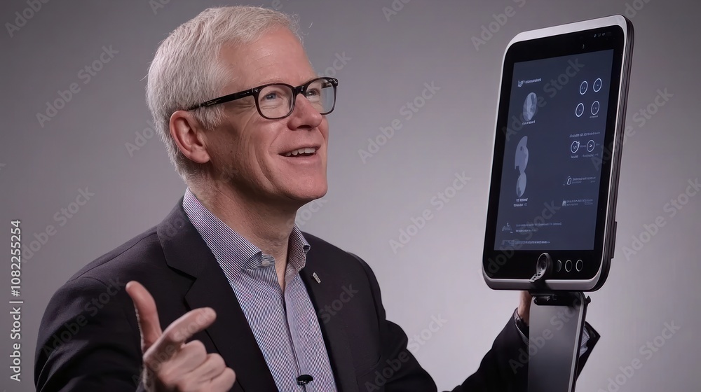 Poster man interacting with a touchscreen device for communication.