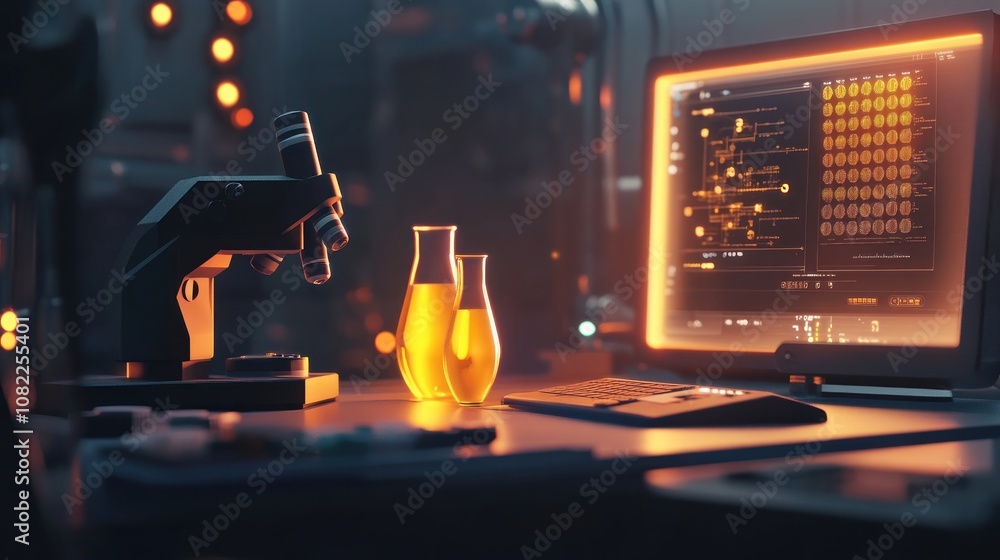 Aufkleber a laboratory scene with a microscope, glowing liquids, and a computer displaying data.