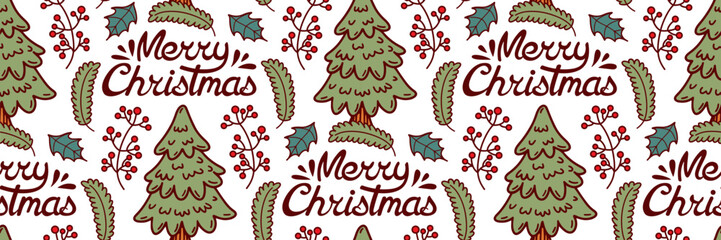 Christmas tree doodle pattern. Fir branches, berry and hand drawn lettering. Festive winter doodle background. Horizontal Vector illustration for holidays, wrapping paper, packaging, greeting cards.