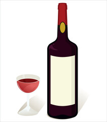 bottle and glass with red wine served - flat illustration