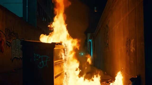 Dumpster fire, ablaze with intense flames against a night backdrop.	
