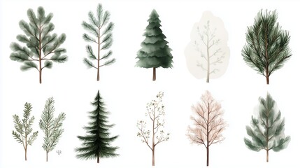 A watercolor illustration of ten different trees, including pine, fir, and deciduous trees, on a white background