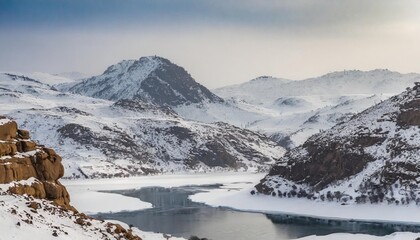 Snow-Covered Mountains and Frozen Lakes in a Serene Winter Landscape, Captured with No People, Perfect for a Weather-Themed Zoom Background or Nature Photography
