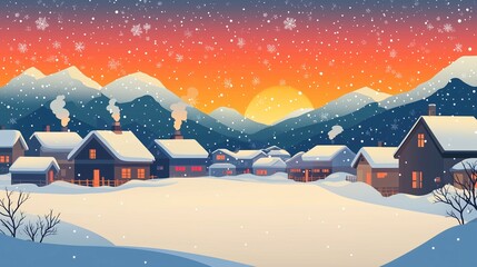 雪山の見える雪原の村と綺麗な夕焼けの雪の降るイラスト