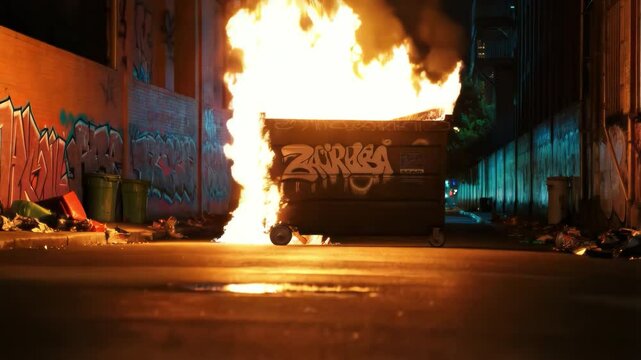 Dumpster fire, ablaze with intense flames against a night backdrop.	
