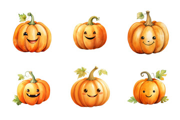 Adorable Pumpkin Watercolor Collection Bundle Set Isolated on a Transparent Background
