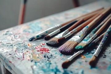 Creative Paintbrushes Arrangement Studio Workspace Artistic Tools Colorful Environment Close-Up View Artistic Inspiration