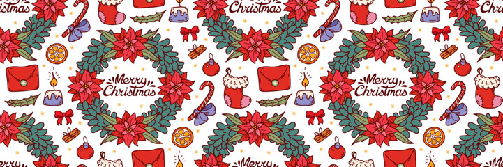 Naklejka premium Christmas wreath with fir twigs and red poinsettia pattern. Festive winter background. Candle, envelope, stocking, candy cane and lettering doodle Vector illustration. For wrapping paper, packaging.
