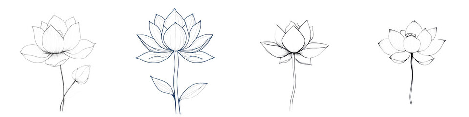 Fototapeta premium Elegant Lotus Flower Line Art Minimalist Botanical Drawings Set of stylized lotus flower sketches silhouettes and outlines in black and white Simple