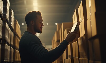 A man reading a document in a warehouse filled with cardboard boxes.