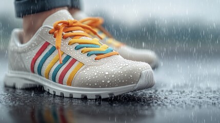 Close-up of rainbow-colored shoelaces with a glossy finish, splattered with water droplets, laced through a white shoe in an urban rain setting, Photorealistic