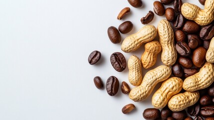 A mix of roasted coffee beans and peanuts on a white background.