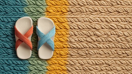 Colorful braided shoelaces forming a large decorative bow on a pair of sandals placed on a traditional straw mat, Photorealistic