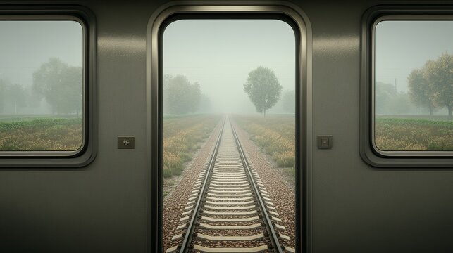 View through a train compartment door showing parallel tracks ahead with shifting light and dark areas, Photorealistic