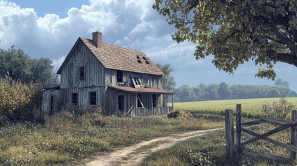 A rustic, abandoned farmhouse nestled in a lush green landscape, under a dreamy sky with fluffy clouds.