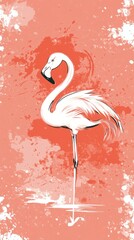 Fototapeta premium A stylized illustration of a flamingo against a coral background with artistic splashes.