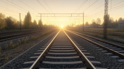 Obraz premium Long-distance view of tracks converging into the horizon during a sunset, casting a dramatic orange glow on the metal rails, Photorealistic