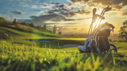 A challenging golf course on a rugged hillside, Golfing equipment set for a challenging game, Hillside golfing style