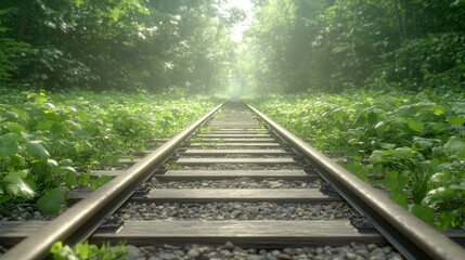 Obraz premium Abandoned railway track with wild vines and plants growing around it, bathed in soft morning light, Photorealistic