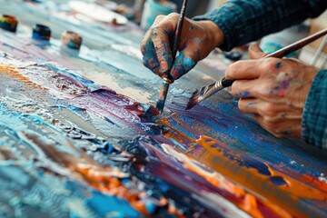 Fototapeta premium A lifestyle photo of a person creating an abstract piece on a large canvas, using various painting techniques and tools