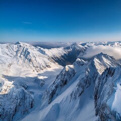 Obraz premium Breathtaking Aerial View of Snow-Covered Mountains in Winter, Captured with No People for a Majestic Zoom Background or Weather-Themed Nature Scene