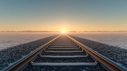 Fototapeta premium Steam rising from a railway track on a cold morning, with soft sunlight breaking through fog, Photorealistic