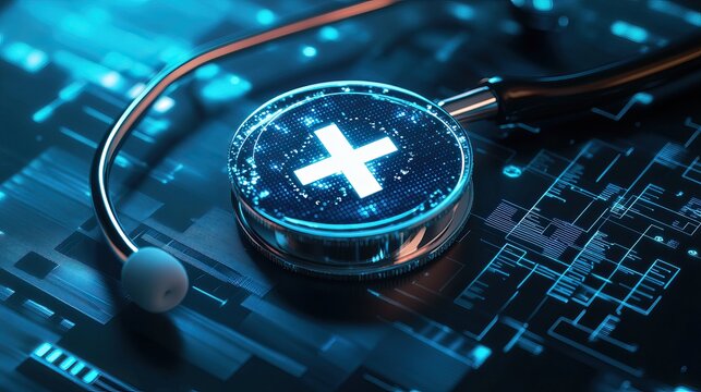 Digital Healthcare: Stethoscope with Digital Cross Symbol
