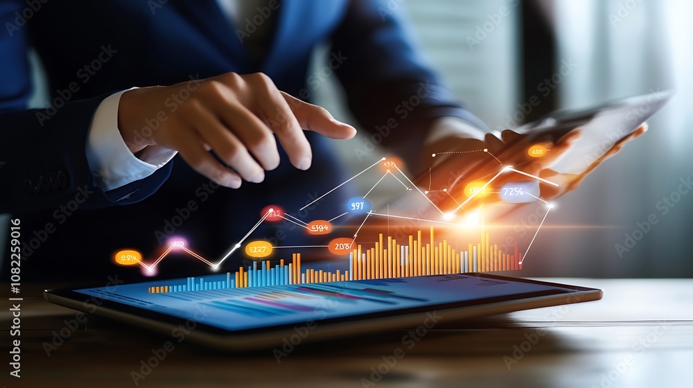 Poster a professional analyzing data on digital devices with graphical charts.