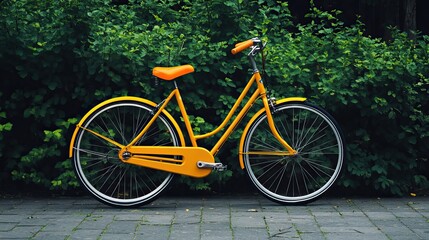 Fototapeta premium A Yellow Bicycle Parked by a Green Bush