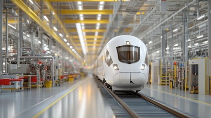 Fototapeta premium High-speed train gliding through a hypermodern industrial zone, surrounded by automated machines and advanced infrastructure, Photorealistic