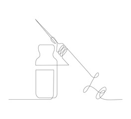 Medical Syringe and Drug Bottle in Continuous Line Art  Immunization and Vaccination Illustration. liquid drug in continuous line art drawing style.