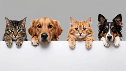 Fototapeta na wymiar Four adorable pets peeking over a white surface together