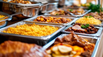 Obraz premium A colorful buffet spread with various dishes served on stainless steel trays in a festive dining setting