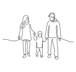 Happy Family Walking Together in Continuous Line Art – Parents and Child Sketch Illustration.